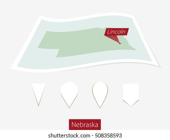 Curved paper map of Nebraska state with capital Lincoln on Gray Background. Four different Map pin set. Vector Illustration.