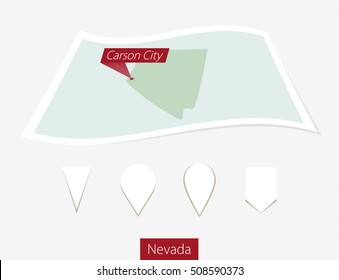 Curved paper map of Nevada state with capital Carson City on Gray Background. Four different Map pin set. Vector Illustration.