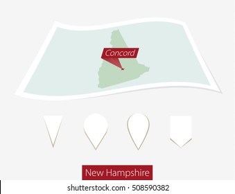 Curved paper map of New Hampshire state with capital Concord on Gray Background. Four different Map pin set. Vector Illustration.