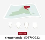 Curved paper map of New York state with capital Albany on Gray Background. Four different Map pin set. Vector Illustration.