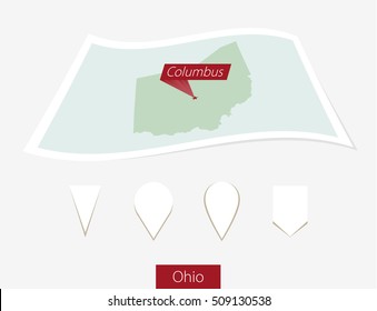 Curved paper map of Ohio state with capital Columbus on Gray Background. Four different Map pin set. Vector Illustration.
