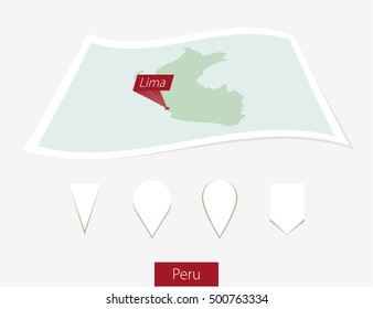 Curved paper map of Peru with capital Lima on Gray Background. Four different Map pin set. Vector Illustration.
