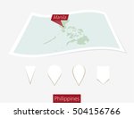 Curved paper map of Philippines with capital Manila on Gray Background. Four different Map pin set. Vector Illustration.