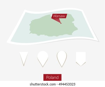 Curved paper map of Poland with capital Warsaw on Gray Background. Four different Map pin set. Vector Illustration.