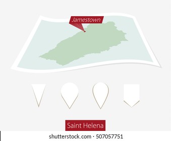 Curved paper map of Saint Helena with capital Jamestown on Gray Background. Four different Map pin set. Vector Illustration.