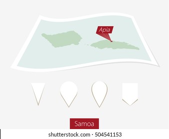 Curved paper map of Samoa with capital Apia on Gray Background. Four different Map pin set. Vector Illustration.