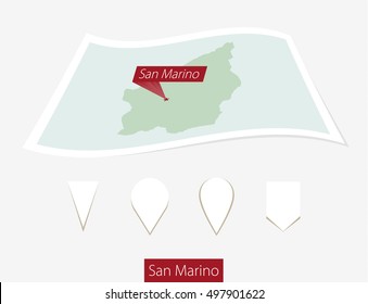 Curved paper map of San Marino with capital San Marino on Gray Background. Four different Map pin set. Vector Illustration.