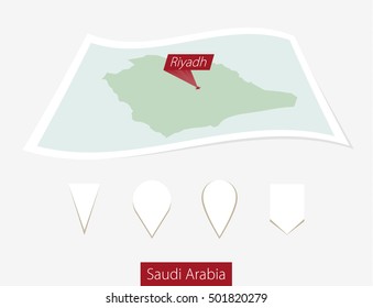 Curved paper map of Saudi Arabia with capital Riyadh on Gray Background. Four different Map pin set. Vector Illustration.