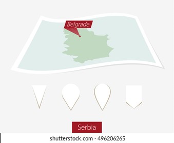 Curved paper map of Serbia with capital Belgrade on Gray Background. Four different Map pin set. Vector Illustration.