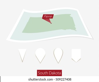 Curved paper map of South Dakota state with capital Pierre on Gray Background. Four different Map pin set. Vector Illustration.