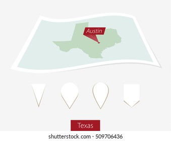 Curved paper map of Texas state with capital Austin on Gray Background. Four different Map pin set. Vector Illustration.