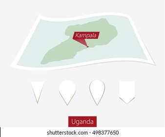 Curved paper map of Uganda with capital Kampala on Gray Background. Four different Map pin set. Vector Illustration.