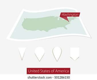 Curved paper map of USA with capital Washington on Gray Background. Four different Map pin set. Vector Illustration.