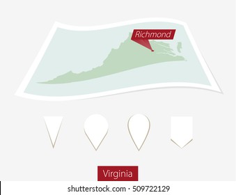 Curved paper map of Virginia state with capital Richmond on Gray Background. Four different Map pin set. Vector Illustration.