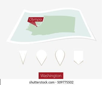 Curved paper map of Washington state with capital Olympia on Gray Background. Four different Map pin set. Vector Illustration.