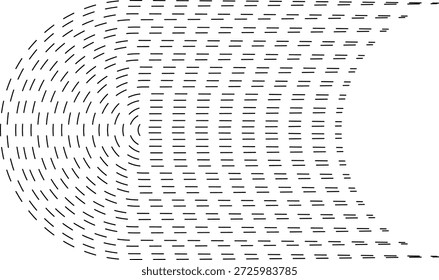 Linhas tracejadas paralelas curvas terminando em uma forma curva distinta.