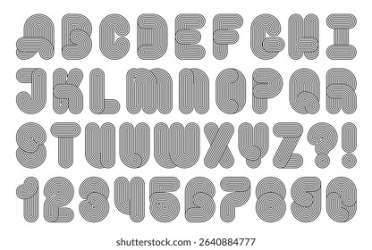 Curved parallel lines and knot font. Anniversary tech alphabet, 70s vector letters and numbers. Geometric typography design, oval endless closed paths. Digital blend effect. Retro disco party alphabet