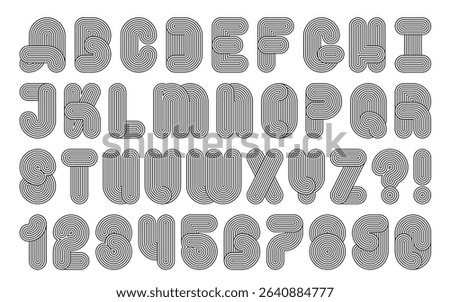 Curved parallel lines and knot font. Anniversary tech alphabet, 70s vector letters and numbers. Geometric typography design, oval endless closed paths. Digital blend effect. Retro disco party alphabet
