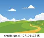 Curved path over green landscape, green fields with bright blue sky and clouds