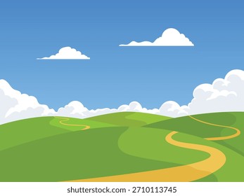Caminho curvo sobre paisagem verde, campos verdes com céu azul brilhante e nuvens