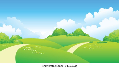 Curved path over green landscape