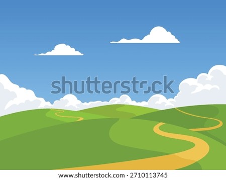 Curved path over green landscape, green fields with bright blue sky and clouds