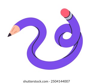 Curved pencil. Twisted funny intertwined simple pencil, cute school supply isolated flat vector illustration. Hand drawn funky twisted pencil on white