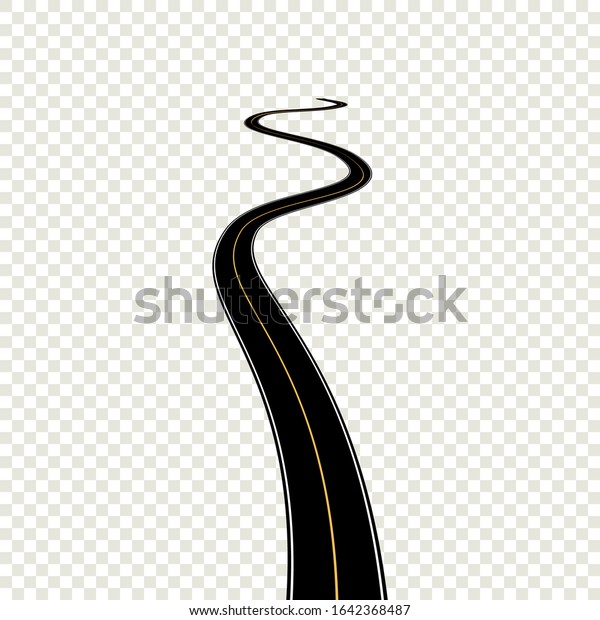 Curved perspective road with yellow\
markings. Highway isolated on transparent background. Vector\
pathway road\
illustration