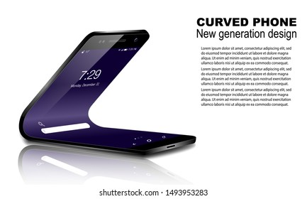 Curved phone on isolated background with reflection, shadow and text, vector illustration