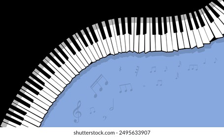 Curved piano keys with musical notes on a blue background create a modern design