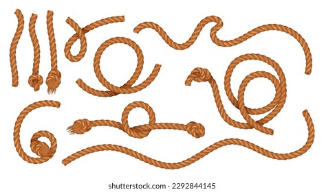 Curved pieces of natural jute cords with clove hitch knots isolated at white background vector illustration