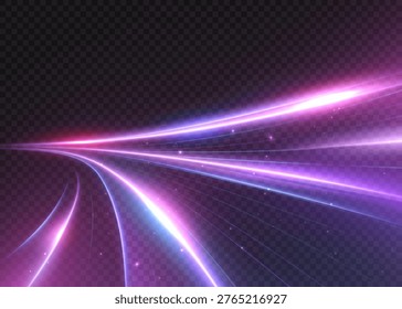 Curved pink and violet light trails on dark background. Vector glowing speed flow effect with futuristic motion lines and soft sparkle particles.