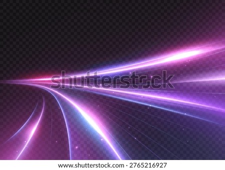 Curved pink and violet light trails on dark background. Vector glowing speed flow effect with futuristic motion lines and soft sparkle particles.