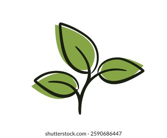 Curved plant sprout with three leaves. Spring, planting and nature design element. Isolated vector image