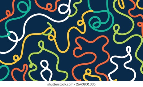 Curved and playful squiggle lines in red, yellow, green, and white over dark blue. Bold and energetic composition for vibrant modern visual projects.