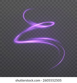 Curved purple light line with soft glow on transparent background. Abstract effect creates a feeling of movement, energy and digital fantasy.