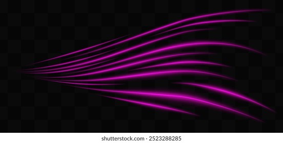 Efeito de luz de néon roxo curvo isolado no fundo escuro. Linhas onduladas fluidas com design abstrato. Correção gráfica da luz refletida. Exacerbação da lente. Ilustração vetorial.