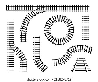 Curved railroad isolated on white background. Straight tracks art design. Own railway siding. Transportation rail road. Abstract concept graphic element