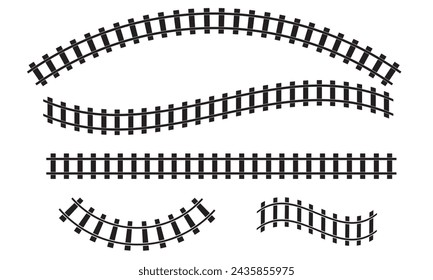 ferrocarril curvado aislado sobre fondo blanco. Ilustración vectorial de conjunto de iconos de vías ferroviarias rectas y curvas. Perspectiva de las vías ferroviarias