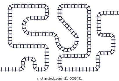 Curved railroad tracks isolated on white background. Transportation and railway concept. Wavy transportation train road. Travel or infographic template with railroad.