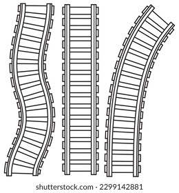 Ferrocarril curvo, raíles. Colorante de contorno negro de ilustración aislada de vector