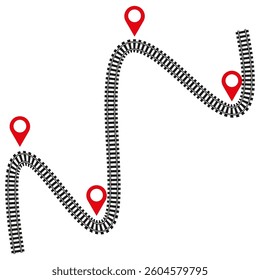 Curved railway track. Train route path. Location pin markers. Vector transport map.