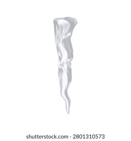 A curved, realistic, melting, pointed icicle on an isolated background. Suitable for New Year's banners, cards, and frozen food advertising. Winter decoration. Vector. Icon.