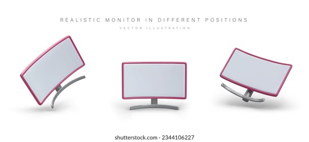 Curved realistic thin monitor in different positions. Device for better viewing of image. Wide monitor with blank screen. Modern technology. Set of isolated vector images