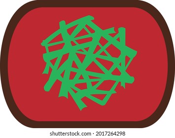 Curved rectangle dark brown bordered chocolate candy graphic with red centre and green shredded candied Angelica decoration. Layered confectionery SVG svg