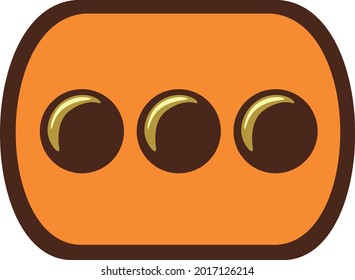 Curved rectangular dark brown chocolate candy with orange centre and three mini chocolate bean button circles.  Layered confectionery SVG svg
