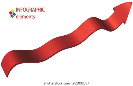 Curved red 3d vector arrow with perspective pointing to the right, isolated on white background, business vector background