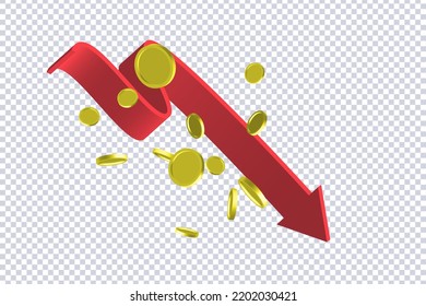 Curved red arrow and flying coins on transparent. Market movements concept charts, infographics. Financial crisis, downgrade, inflation concept. Trading stock news impulses. Realistic 3d vector design