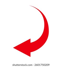 Curved red arrow pointing to left on a white background. Direction symbol. Arrow symbol for app, UI, web. Vector illustration