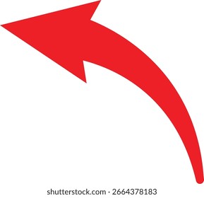 Curved red arrow pointing up left, bold graphic direction symbol for navigation, business presentations, infographic design, and creative vector illustration projects.